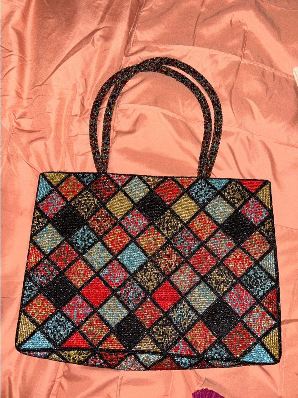 Beaded Multicolor Diamond-Pattern Tote Bag - Women